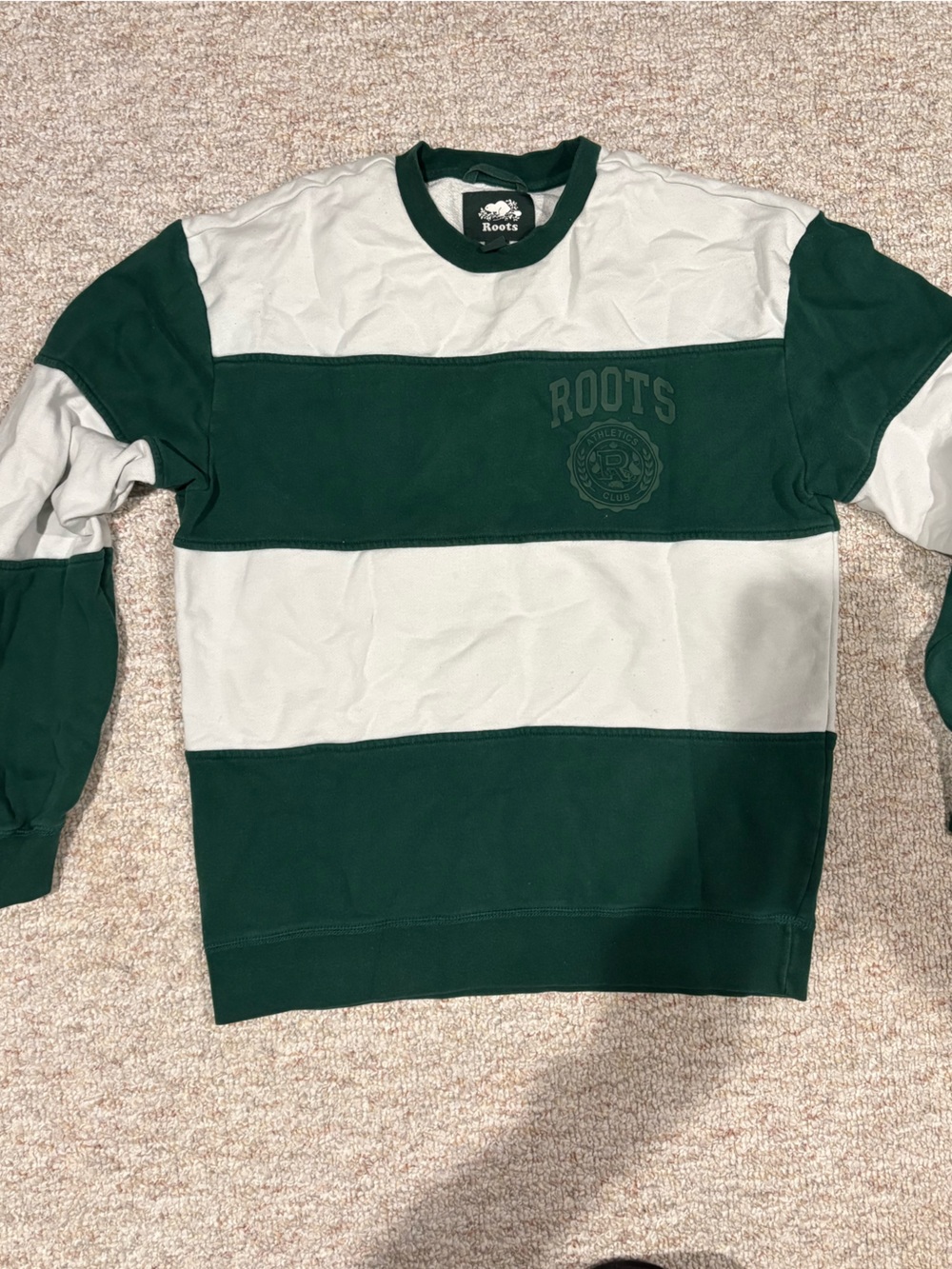 Roots Striped Crewneck Sweater in Dark Green and Cream